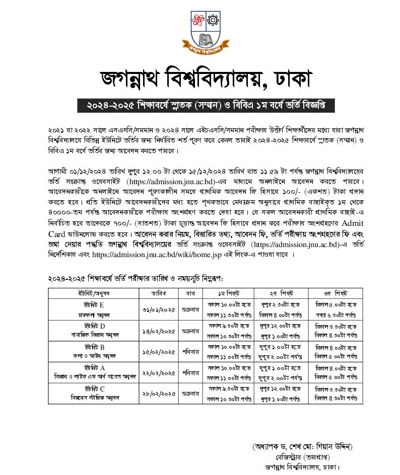 Jagannath University Admission Circular 2025