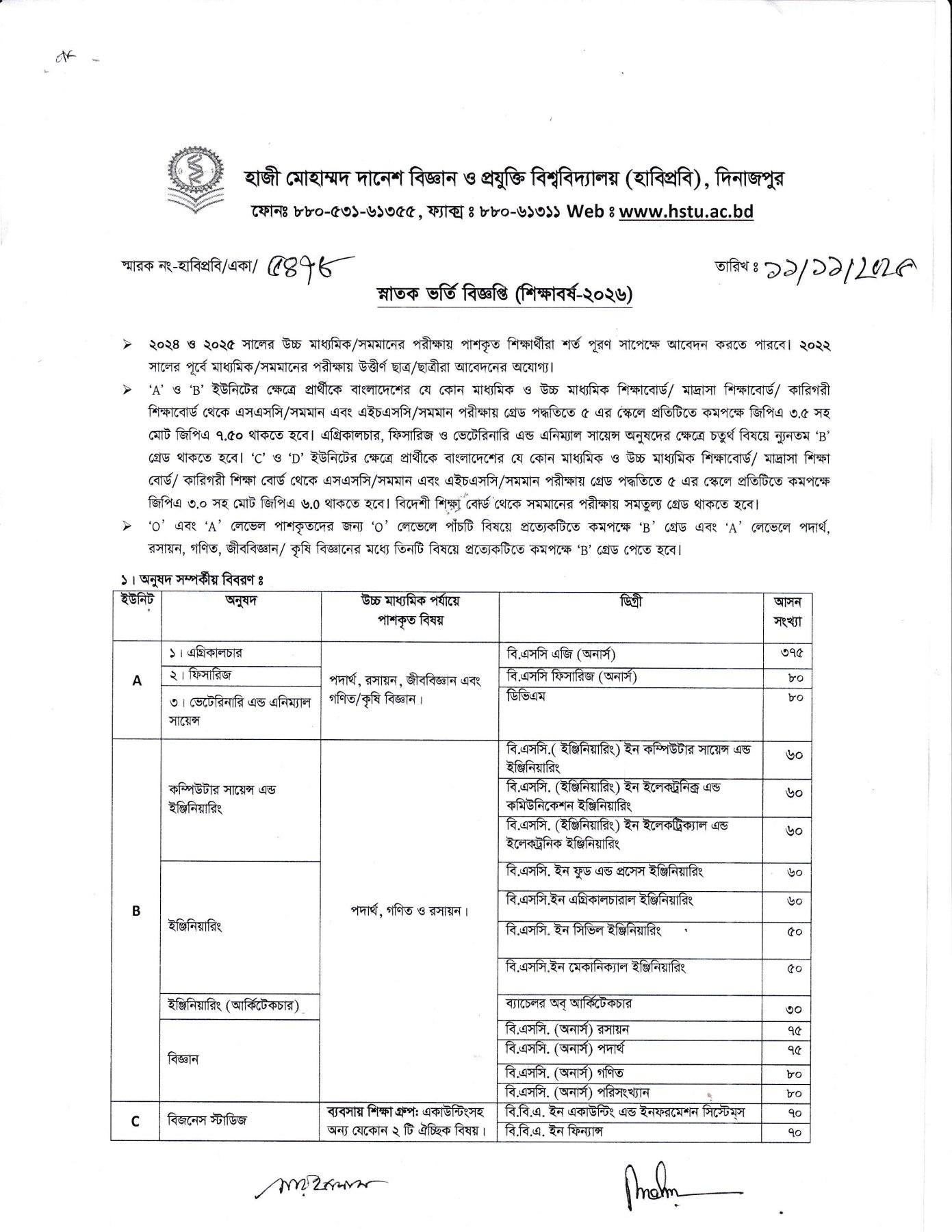 HSTU Admission Circular 2026-1
