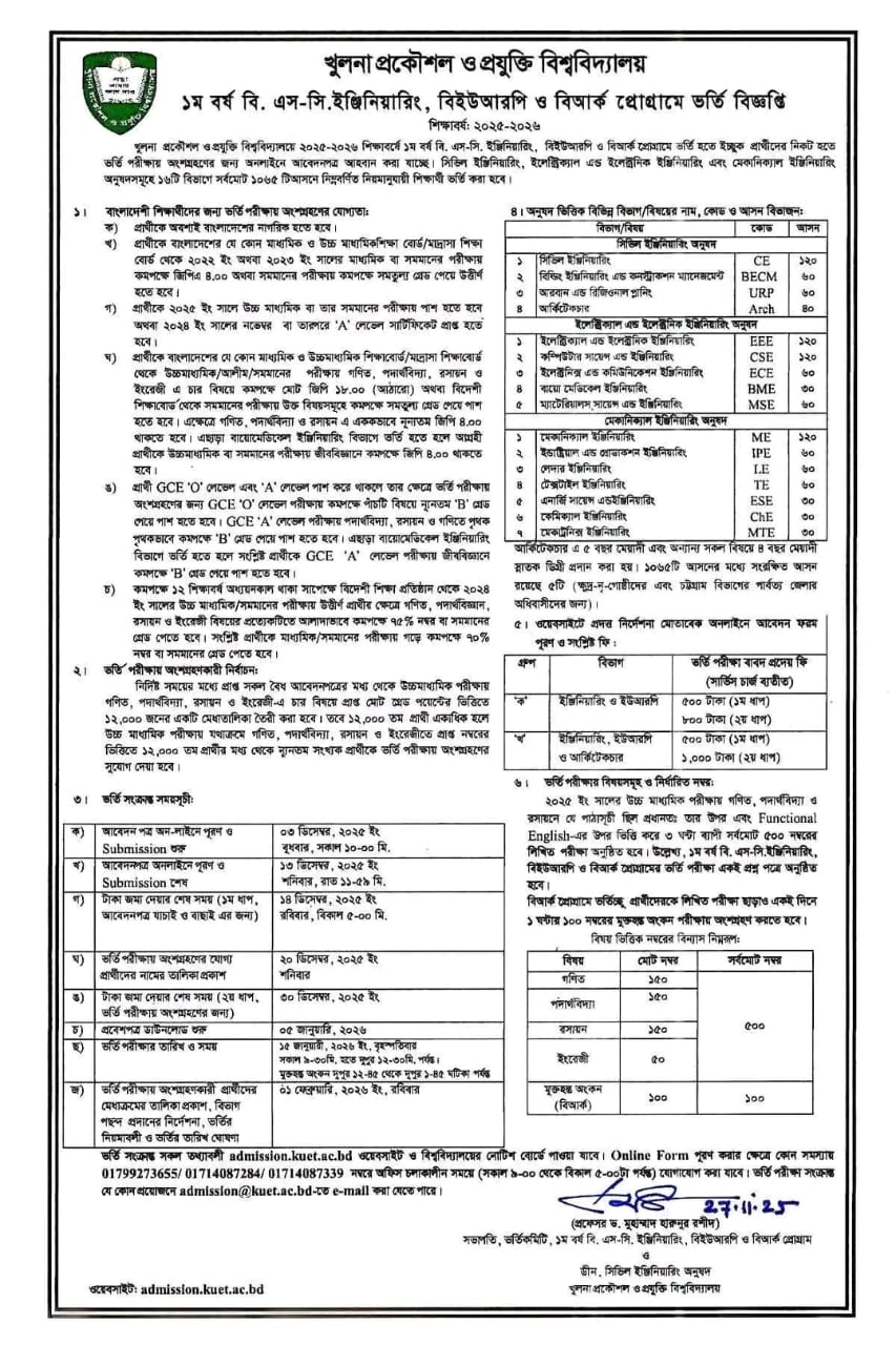 KUET Admission Circular 2026