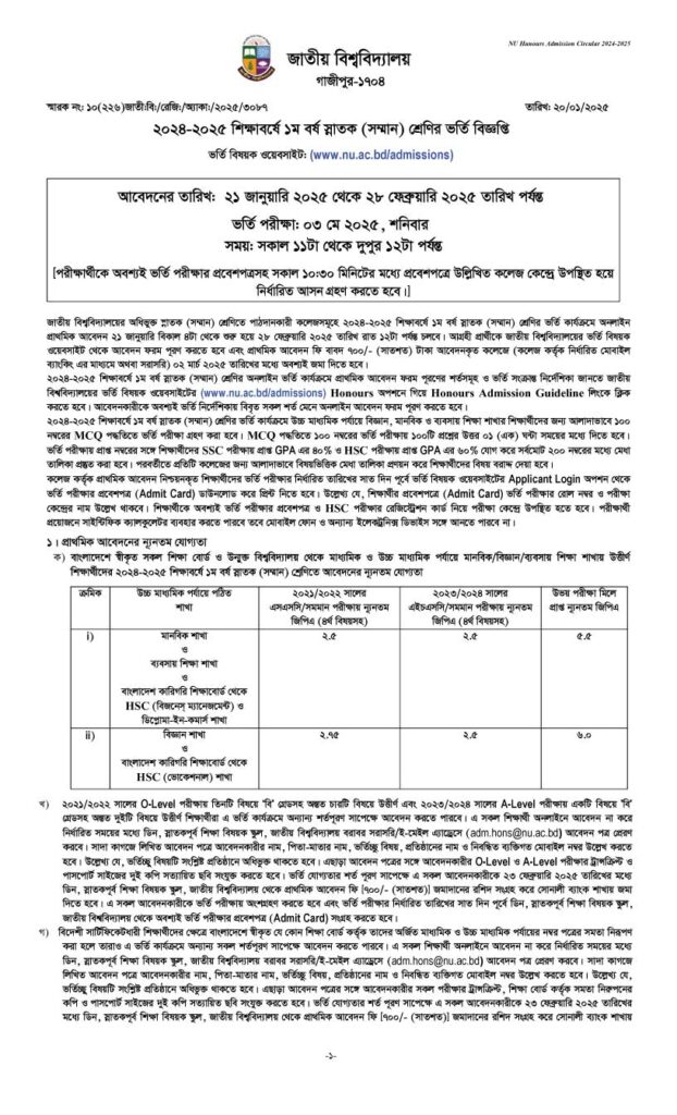 NU Admission Circular 2025-1