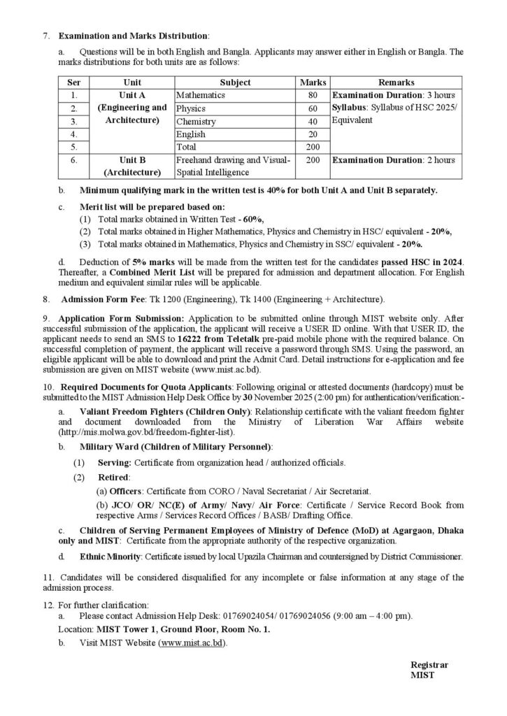 MIST Admission Circular 2026-2